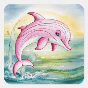 Watercolor painted pink dolphin square sticker