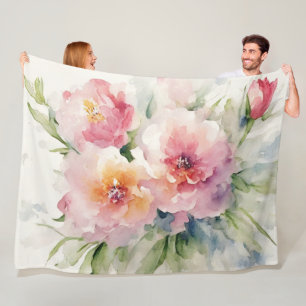 Watercolor Painted Pink Flowers Fleece Blanket