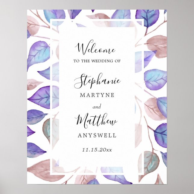 Watercolor Painted Purple Leaves Foliage Wedding Poster (Front)
