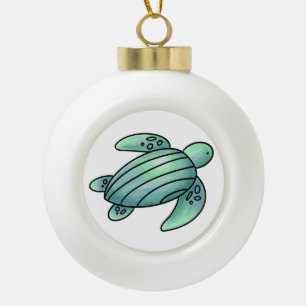 watercolor painted sea turtle cartoon blue green  ceramic ball christmas ornament