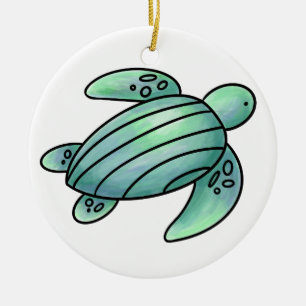 watercolor painted sea turtle cartoon blue green  ceramic ornament