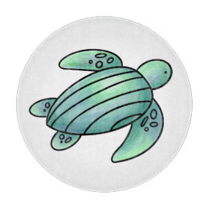 watercolor painted sea turtle cartoon blue green cutting board