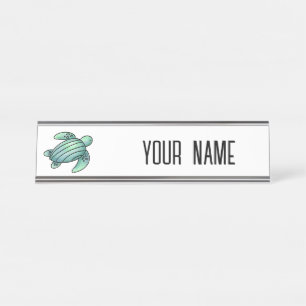watercolor painted sea turtle cartoon blue green  desk name plate