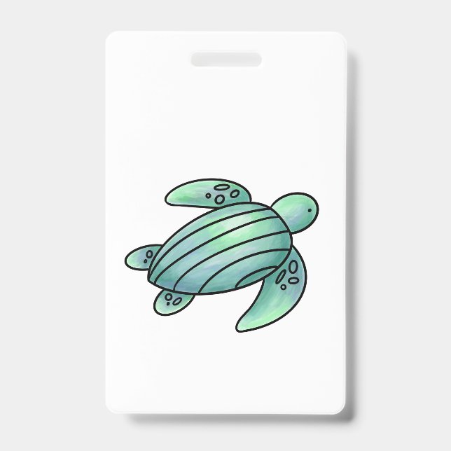 watercolor painted sea turtle cartoon blue green  ID badge (Front)