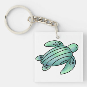 watercolor painted sea turtle cartoon blue green key ring