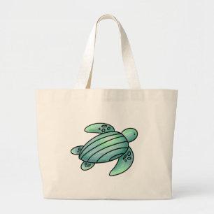 watercolor painted sea turtle cartoon blue green  large tote bag