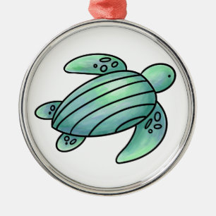 watercolor painted sea turtle cartoon blue green metal ornament