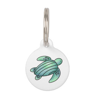 watercolor painted sea turtle cartoon blue green pet tag