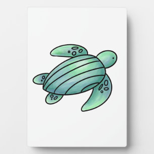 watercolor painted sea turtle cartoon blue green  plaque