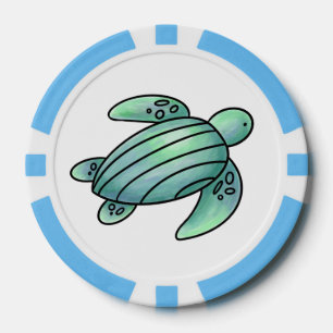 watercolor painted sea turtle cartoon blue green poker chips
