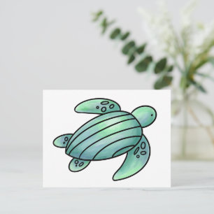 watercolor painted sea turtle cartoon blue green  postcard