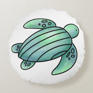 watercolor painted sea turtle cartoon blue green round cushion