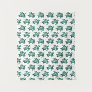 watercolor painted sea turtle cartoon blue green tapestry