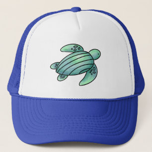 watercolor painted sea turtle cartoon blue green  trucker hat