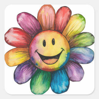 Watercolor painted Smiling Flower Square Sticker