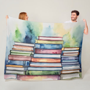Watercolor Painted Stack of Reading Books Fleece Blanket