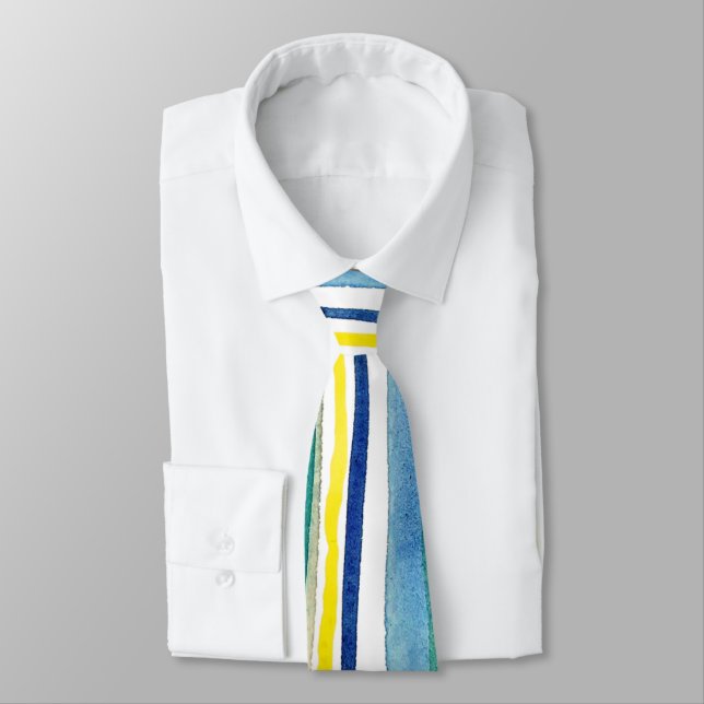 Watercolor Painted Stripes Tie – Blue & Yellow  (Tied)