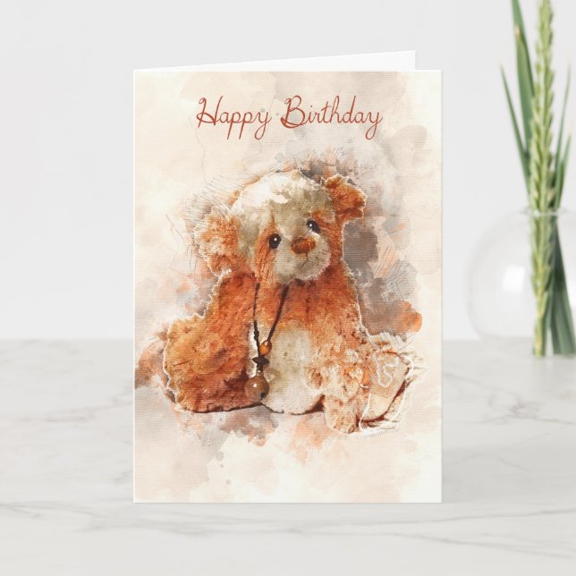 Watercolor Painted Teddy Bear Birthday Card (Front)