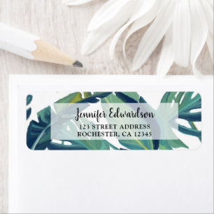 Watercolor painted tropical green leaves personal return address label