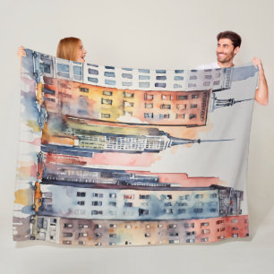 Watercolor Painted Urban Cityscape Skyscapers Fleece Blanket