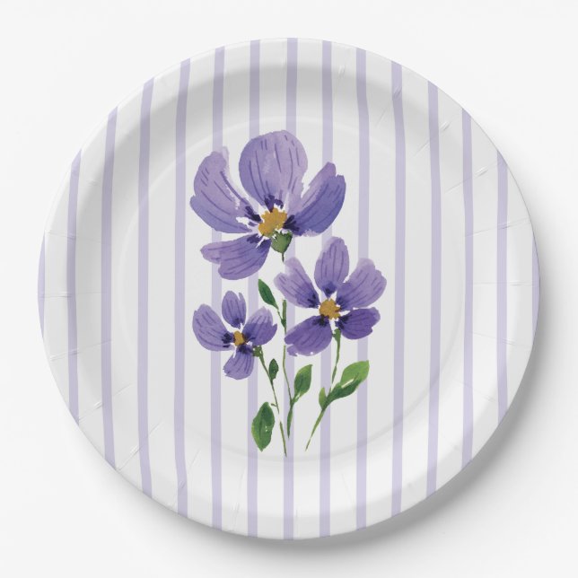 watercolor painted violets with stripes paper plate (Front)