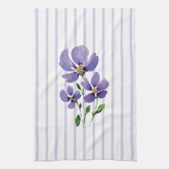 watercolor painted violets with stripes tea towel (Vertical)