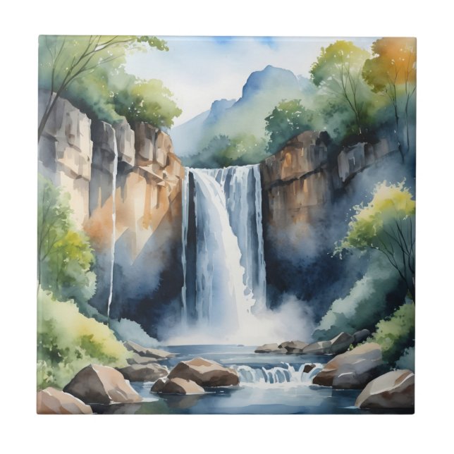 Watercolor painted waterfall ceramic tile (Front)