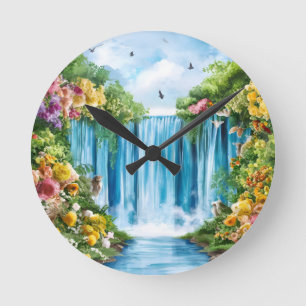 Watercolor painted waterfall round clock