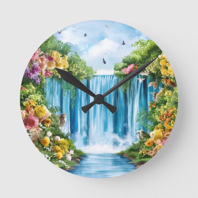 Watercolor painted waterfall round clock (Front)