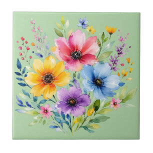 Watercolor painted wildflowers ceramic tile