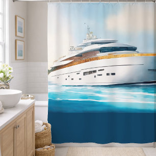 Watercolor Painted Yacht on the Blue Water Shower Curtain