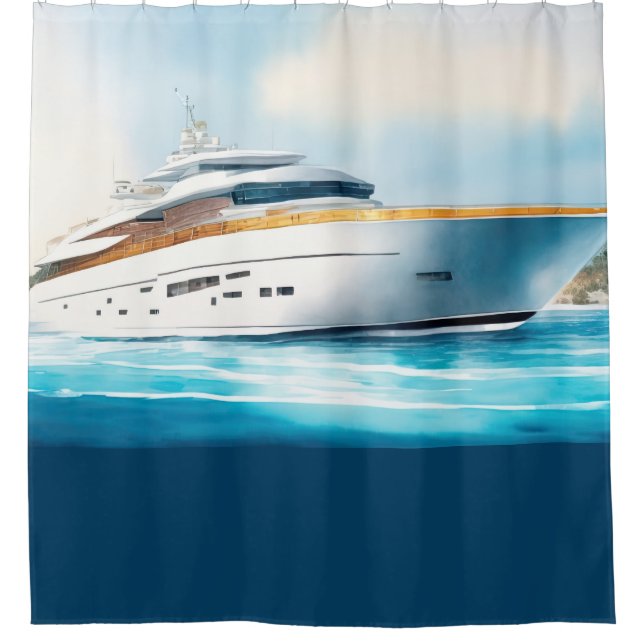 Watercolor Painted Yacht on the Blue Water Shower Curtain (Front)