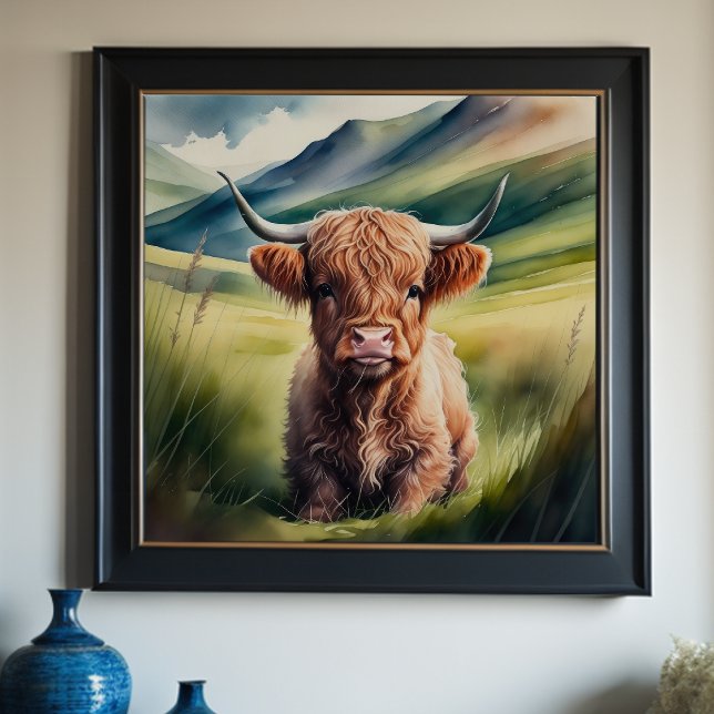 Watercolor Painting Baby Highland Cow Sitting  1:1 Poster (Creator Uploaded)