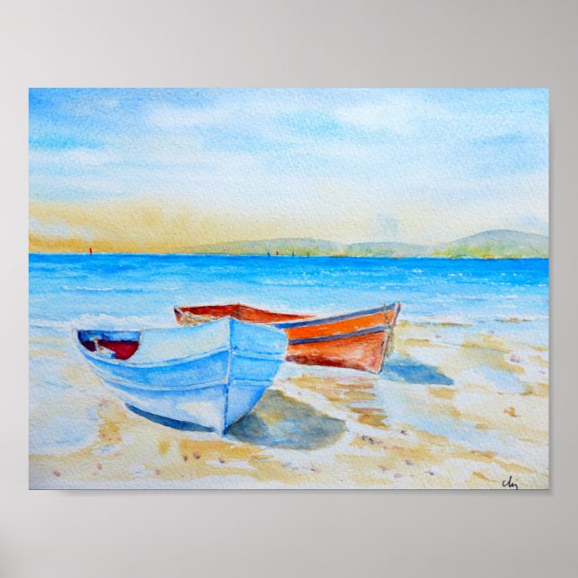 Watercolor Painting  Beach boats Poster (Front)