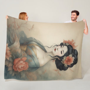 Watercolor Painting Beautiful Asian Woman Flowers Fleece Blanket