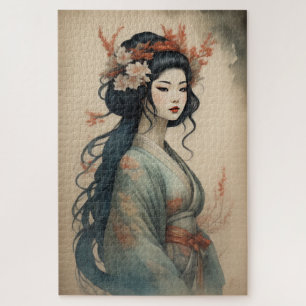 Watercolor Painting Beautiful Asian Woman Flowers Jigsaw Puzzle