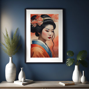 Watercolor Painting Beautiful Asian Woman Flowers Poster