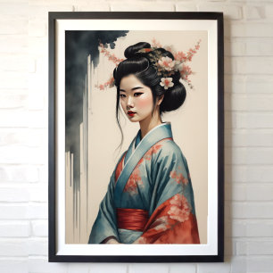 Watercolor Painting Beautiful Asian Woman Flowers Poster