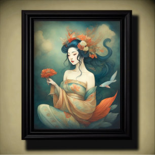 Watercolor Painting Beautiful Asian Woman Flowers Poster