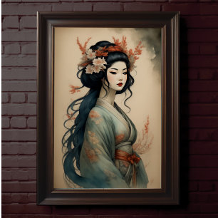 Watercolor Painting Beautiful Asian Woman Flowers Poster