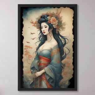 Watercolor Painting Beautiful Asian Woman Flowers Poster