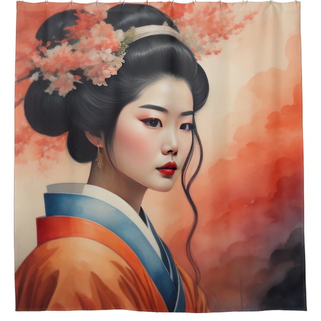 Watercolor Painting Beautiful Asian Woman Flowers Shower Curtain (Front)