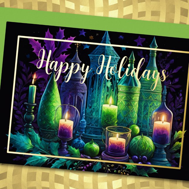 Watercolor Painting Candle Christmas Purple Green Foil Holiday Card (Creator Uploaded)