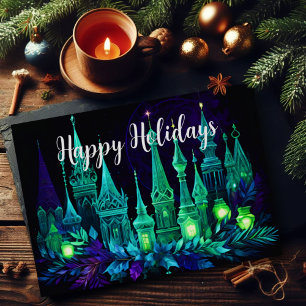 Watercolor Painting Candle Christmas Purple Green Holiday Card