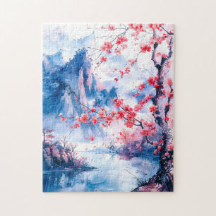 Watercolor painting chinese mountain sakura jigsaw puzzle