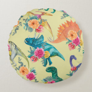 Watercolor painting dinosaurs pattern. Seamless ba Round Cushion
