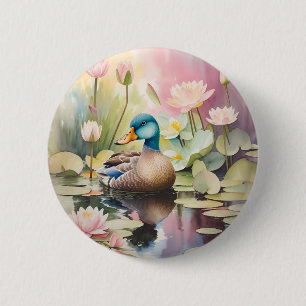 Watercolor Painting Duck On a Pond 6 Cm Round Badge