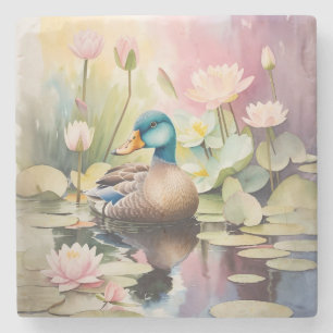 Watercolor Painting Duck On a Pond Stone Coaster