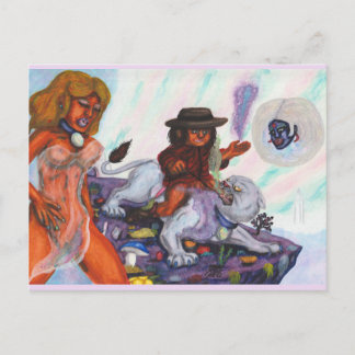 Watercolor Painting Eros rides Aurora Lioness Love Holiday Postcard