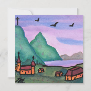 Watercolor Painting Fantasy Fortress Castle Church Invitation